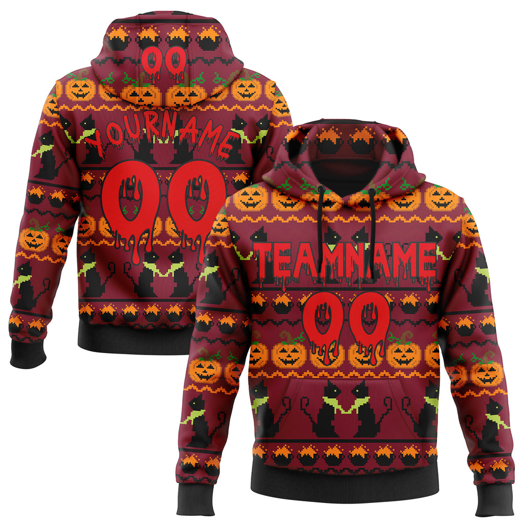 Custom  Crimson Fire Red Black-Red Halloween Pumpkin Head & Black Cat Pullover Sweatshirt Hoodie