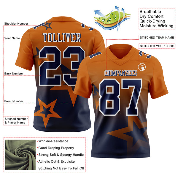 Custom Texas Orange Navy-White Authentic Gradient Style Twinkle Star Football Jersey