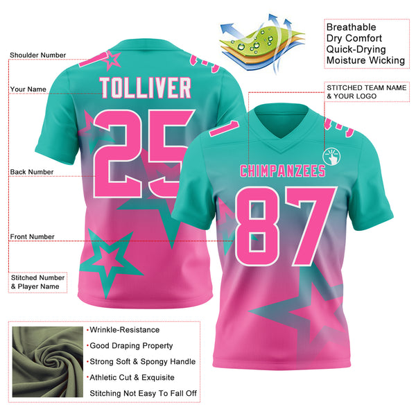 Custom Aqua Pink-White Authentic Gradient Style Twinkle Star Football Jersey