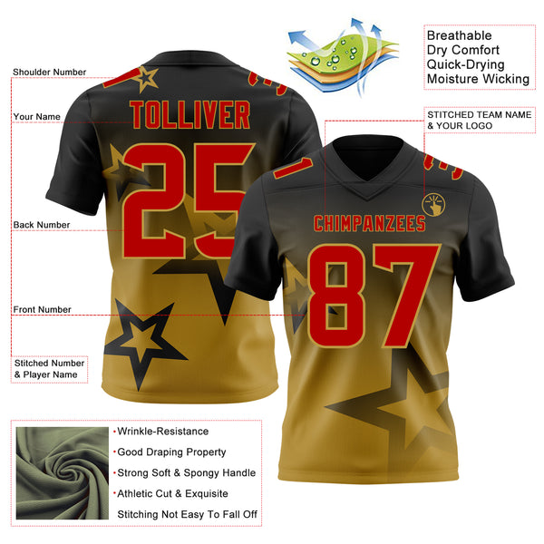 Custom Black Red-Old Gold Authentic Gradient Style Twinkle Star Football Jersey