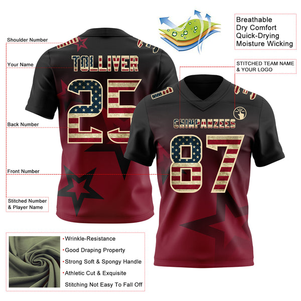 Custom Black Vintage USA Flag Crimson-Cream Authentic Gradient Style Twinkle Star Football Jersey