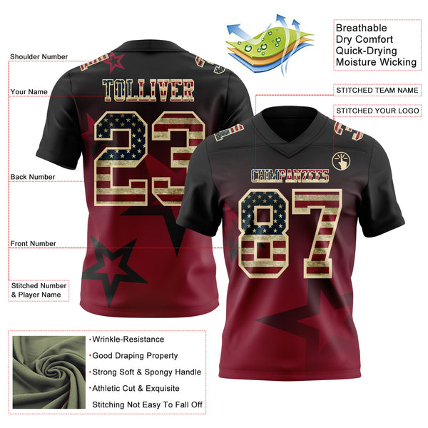Custom Black Vintage USA Flag Crimson-Cream Authentic Gradient Style Twinkle Star Football Jersey