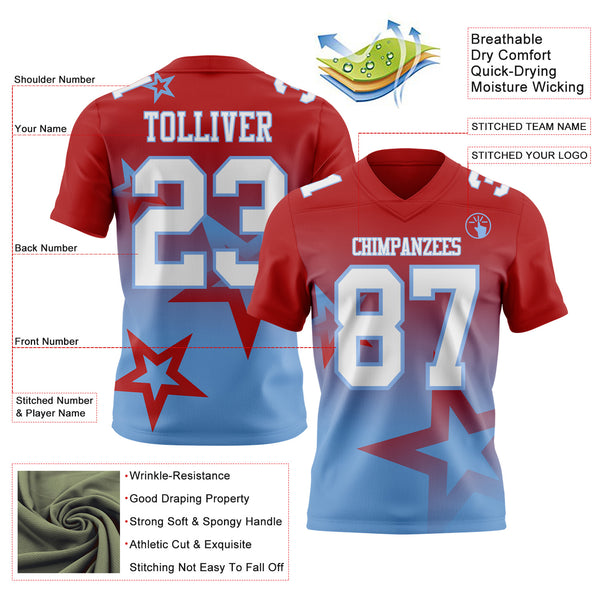 Custom Red White-Light Blue Authentic Gradient Style Twinkle Star Football Jersey