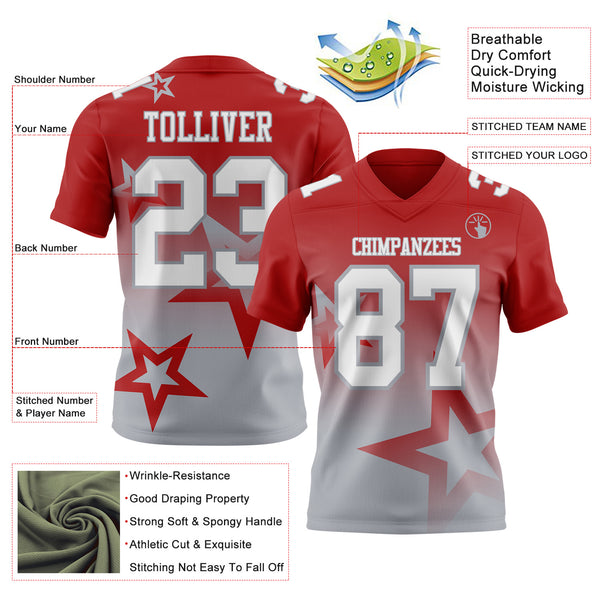 Custom Red White-Gray Authentic Gradient Style Twinkle Star Football Jersey
