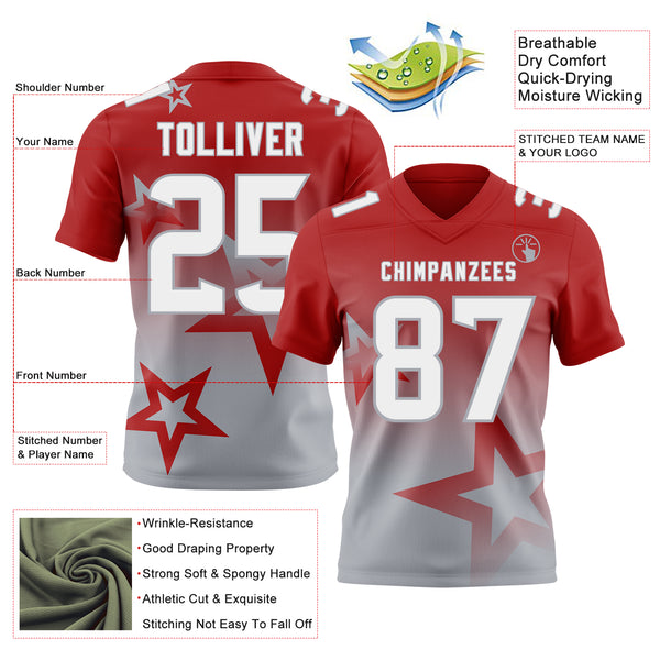 Custom Red White-Gray Authentic Gradient Style Twinkle Star Football Jersey