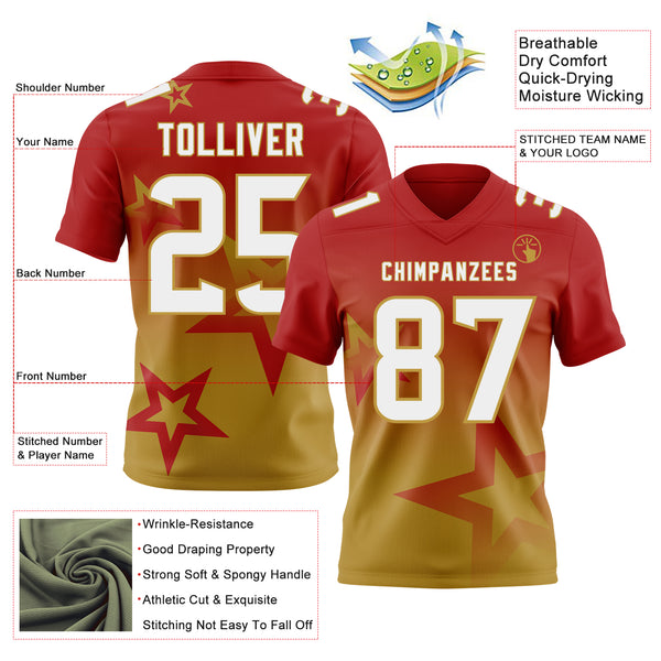 Custom Red White-Old Gold Authentic Gradient Style Twinkle Star Football Jersey