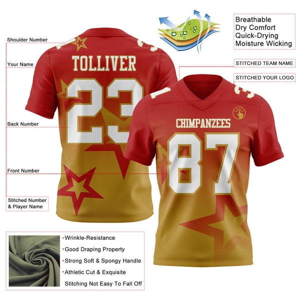 Custom Red White-Old Gold Authentic Gradient Style Twinkle Star Football Jersey