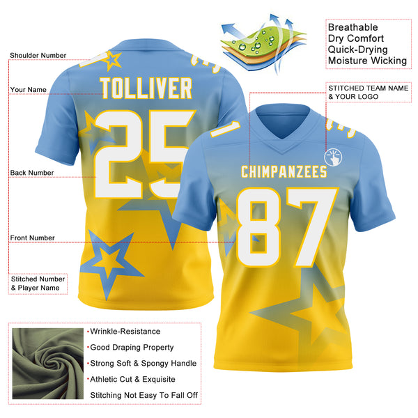 Custom Light Blue White-Yellow Authentic Gradient Style Twinkle Star Football Jersey