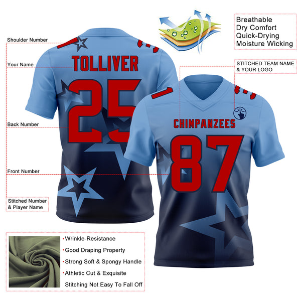 Custom Light Blue Red-Navy Authentic Gradient Style Twinkle Star Football Jersey
