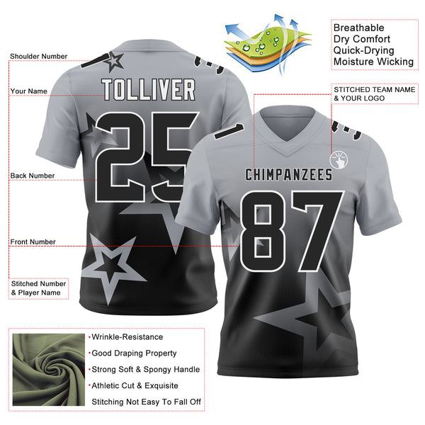 Custom Gray Black-White Authentic Gradient Style Twinkle Star Football Jersey