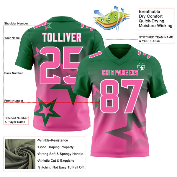 Custom Kelly Green Pink-White Authentic Gradient Style Twinkle Star Football Jersey