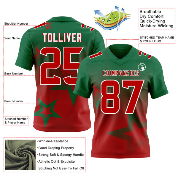 Custom Kelly Green Red-White Authentic Gradient Style Twinkle Star Football Jersey