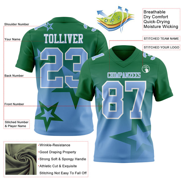 Custom Kelly Green Light Blue-White Authentic Gradient Style Twinkle Star Football Jersey