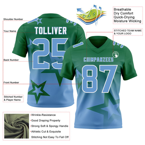 Custom Kelly Green Light Blue-White Authentic Gradient Style Twinkle Star Football Jersey
