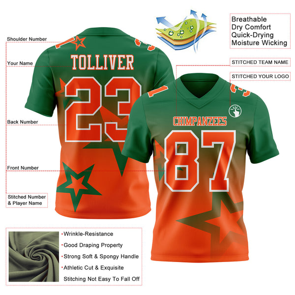 Custom Kelly Green Orange-White Authentic Gradient Style Twinkle Star Football Jersey