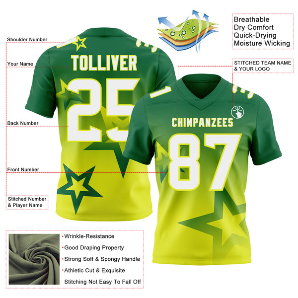 Custom Kelly Green White-Neon Yellow Authentic Gradient Style Twinkle Star Football Jersey