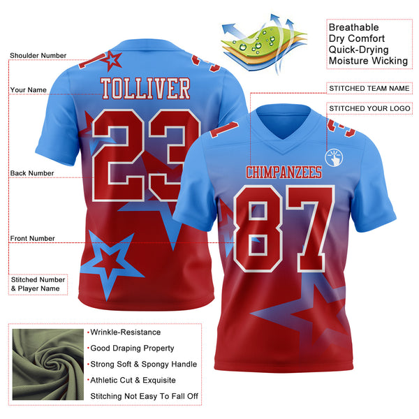 Custom Powder Blue Red-White Authentic Gradient Style Twinkle Star Football Jersey
