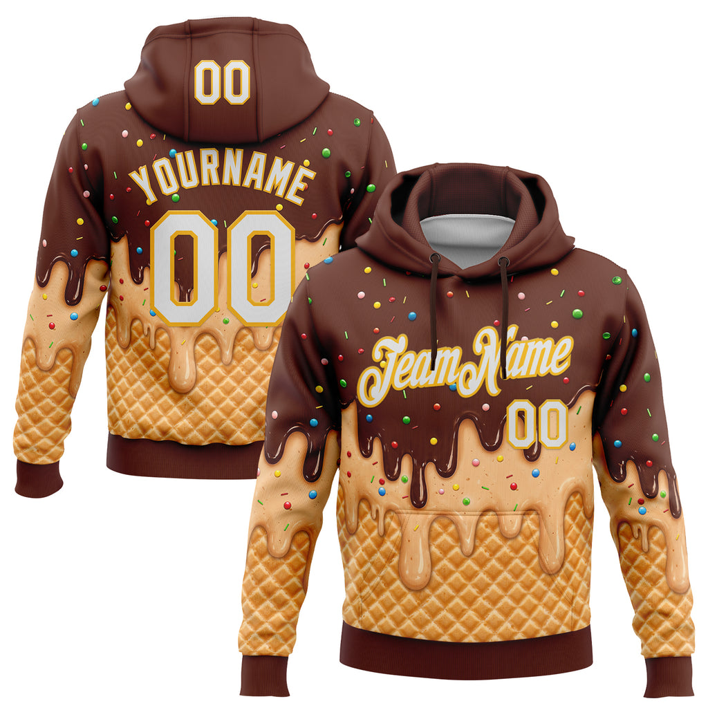 Custom Stitched Brown White-Gold Ice Cream Waffle Foodie Dessert Pullover Sweatshirt Hoodie