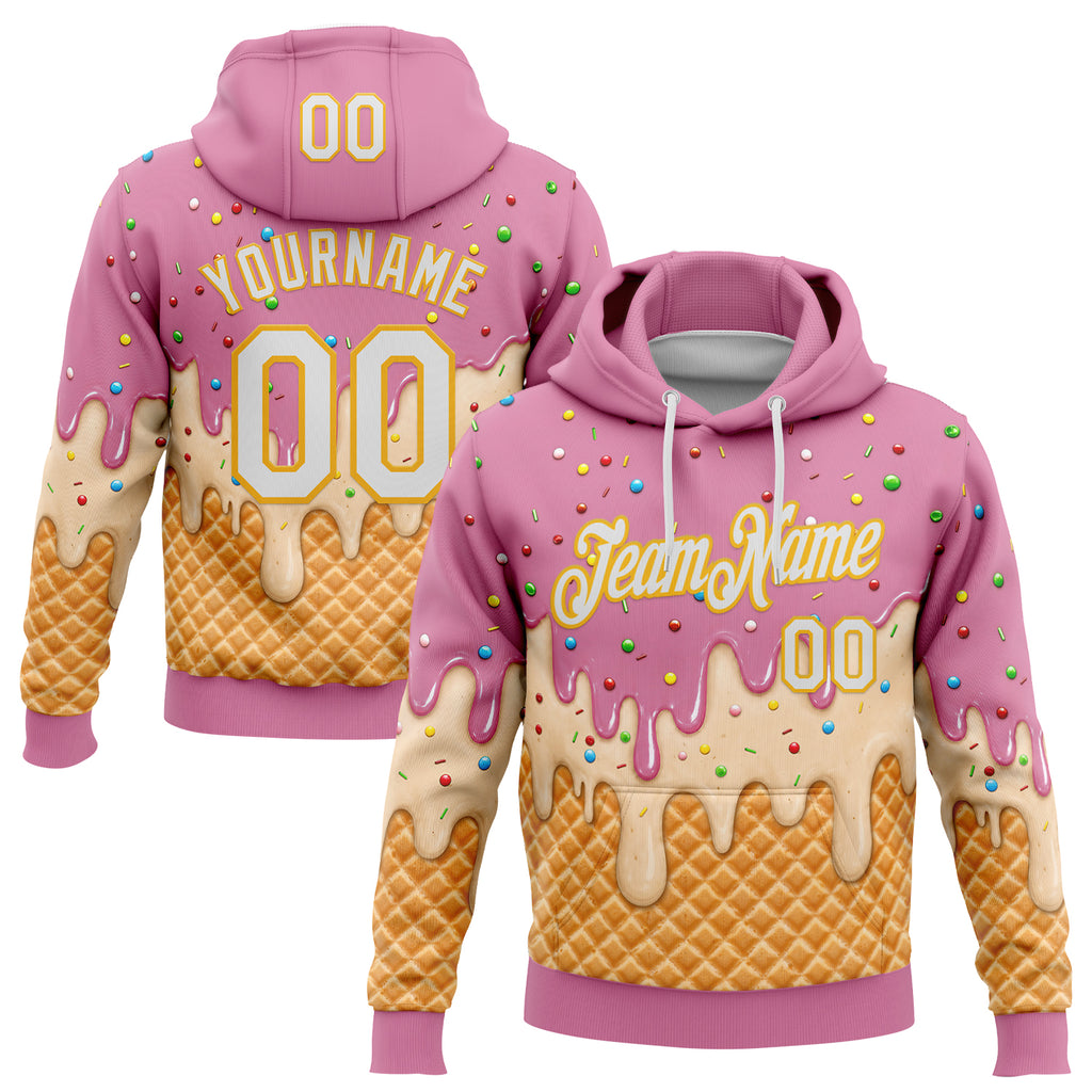 Custom Stitched Light Pink White-Gold Ice Cream Waffle Foodie Dessert Pullover Sweatshirt Hoodie