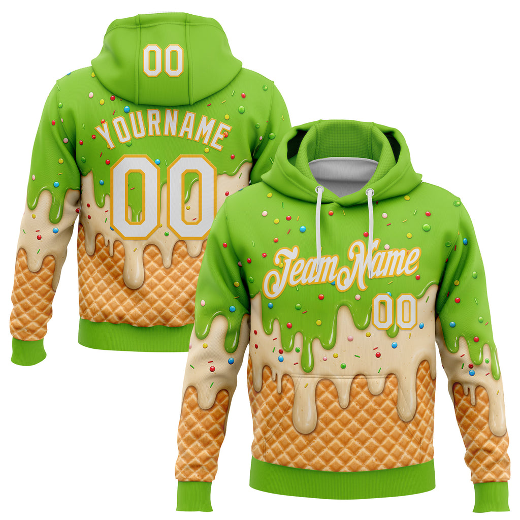 Custom Stitched Neon Green White-Gold Ice Cream Waffle Foodie Dessert Pullover Sweatshirt Hoodie
