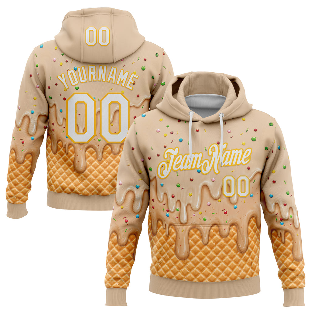 Custom Stitched Cream White-Gold Ice Cream Waffle Foodie Dessert Pullover Sweatshirt Hoodie