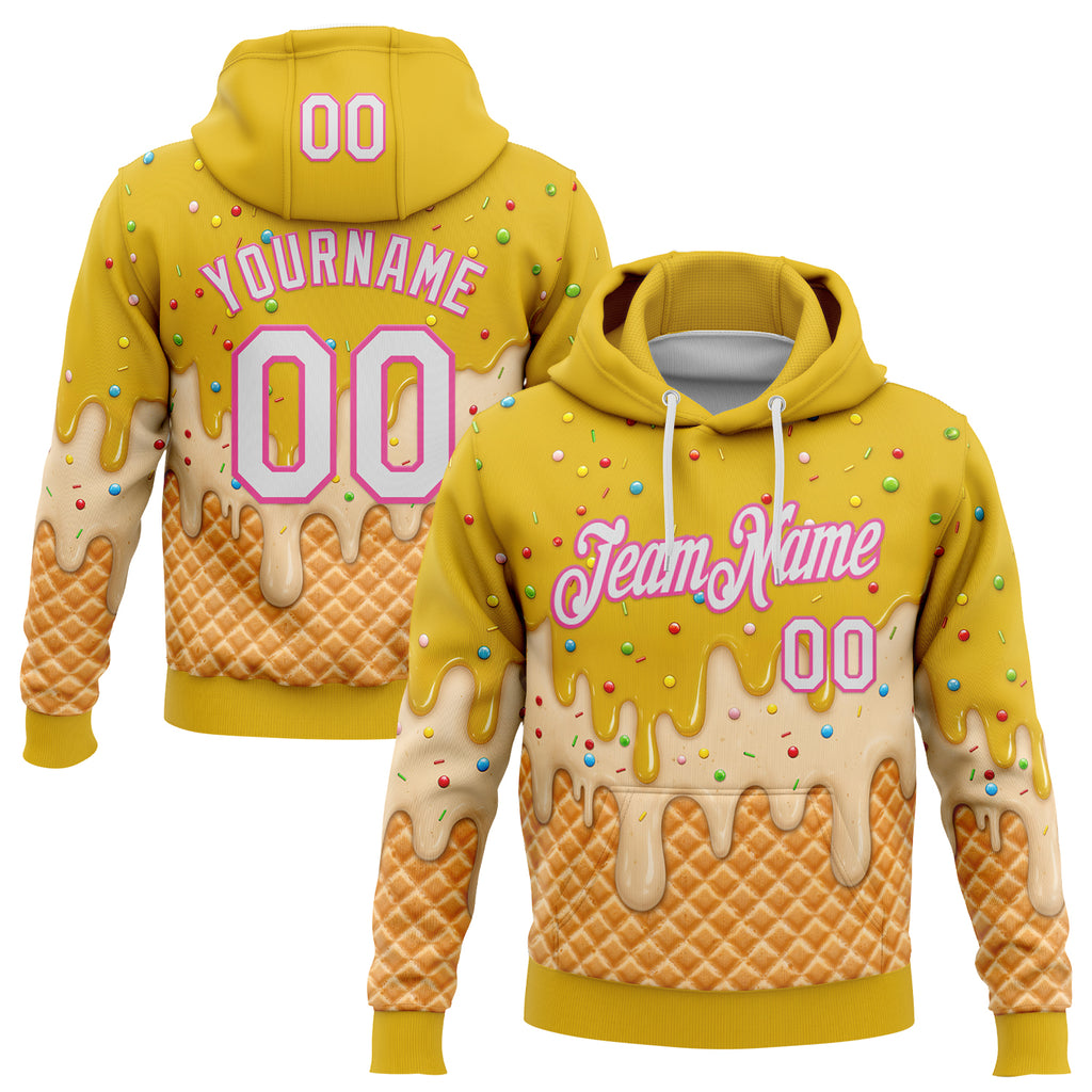 Custom Stitched Yellow White-Pink Ice Cream Waffle Foodie Dessert Pullover Sweatshirt Hoodie