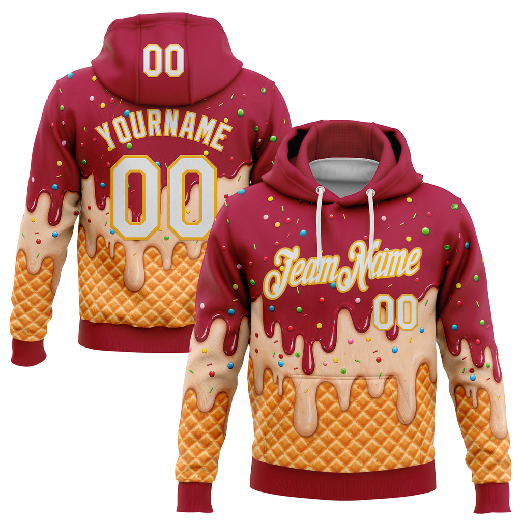 Custom Stitched Maroon White-Gold Ice Cream Waffle Foodie Dessert Pullover Sweatshirt Hoodie