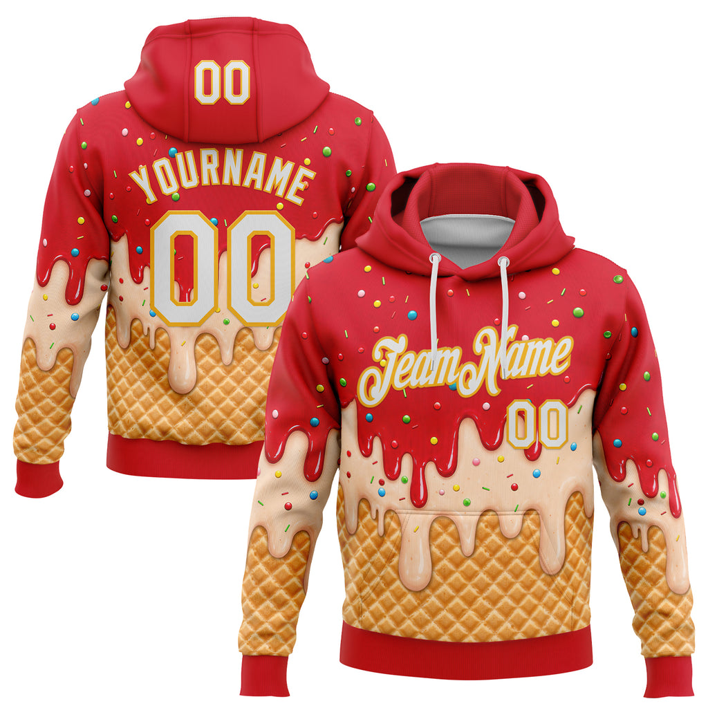 Custom Stitched Fire Red White-Gold Ice Cream Waffle Foodie Dessert Pullover Sweatshirt Hoodie