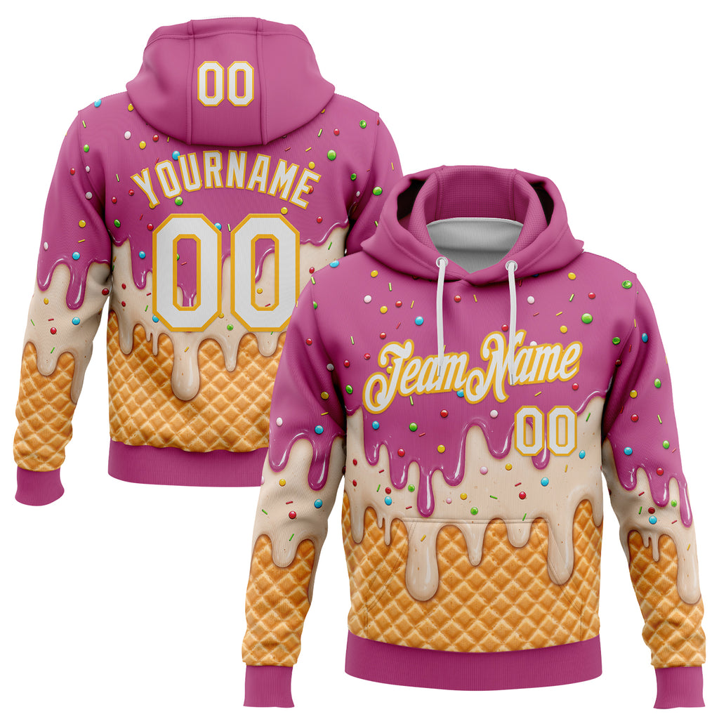 Custom Stitched Deep Pink White-Gold Ice Cream Waffle Foodie Dessert Pullover Sweatshirt Hoodie