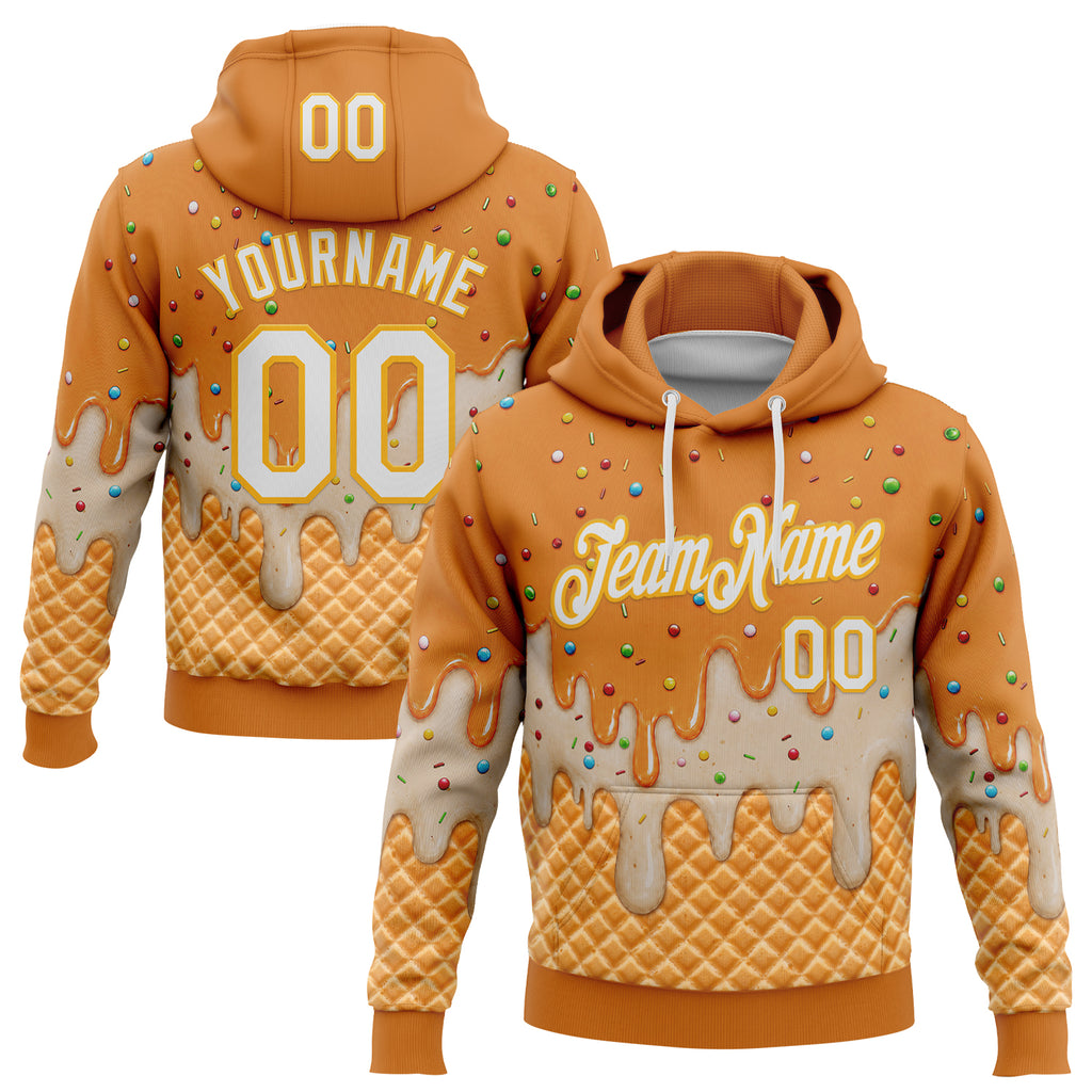 Custom Stitched Bay Orange White-Gold Ice Cream Waffle Foodie Dessert Pullover Sweatshirt Hoodie