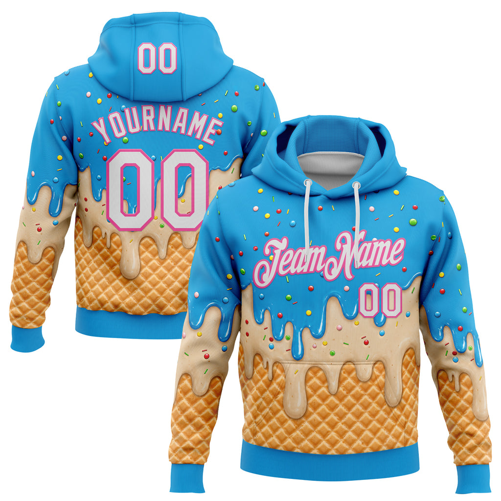 Custom Stitched Sky Blue White-Pink Ice Cream Waffle Foodie Dessert Pullover Sweatshirt Hoodie