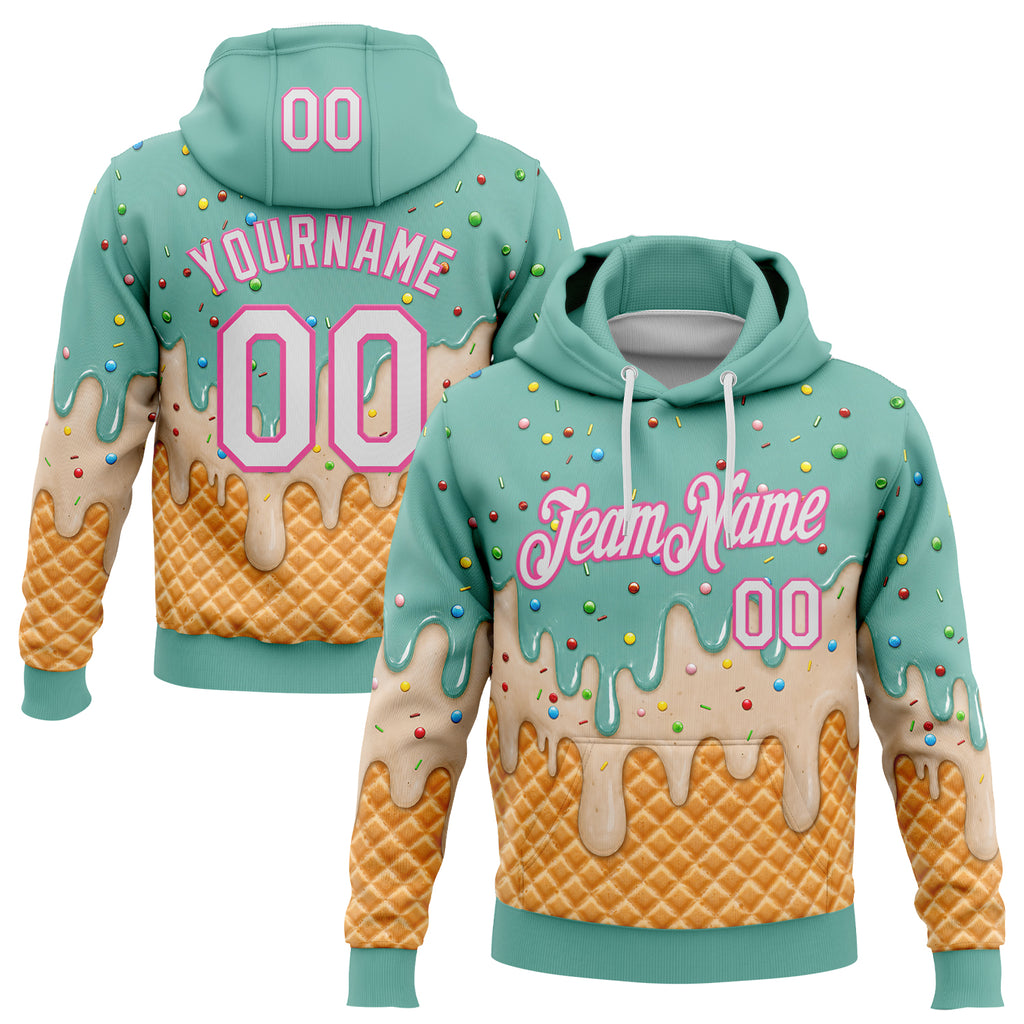 Custom Stitched Ice Blue White-Pink Ice Cream Waffle Foodie Dessert Pullover Sweatshirt Hoodie