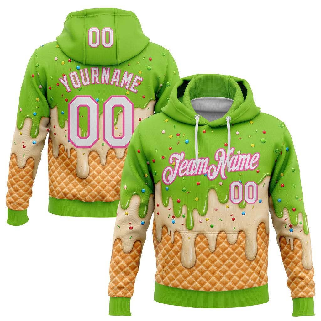 Custom Stitched Neon Green White-Pink Ice Cream Waffle Foodie Dessert Pullover Sweatshirt Hoodie