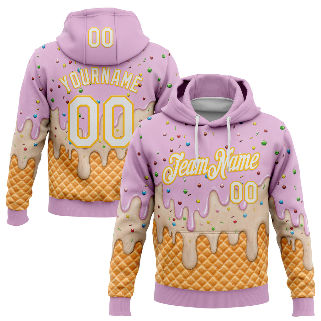 Custom Stitched Light Pink White-Gold Ice Cream Waffle Foodie Dessert Pullover Sweatshirt Hoodie