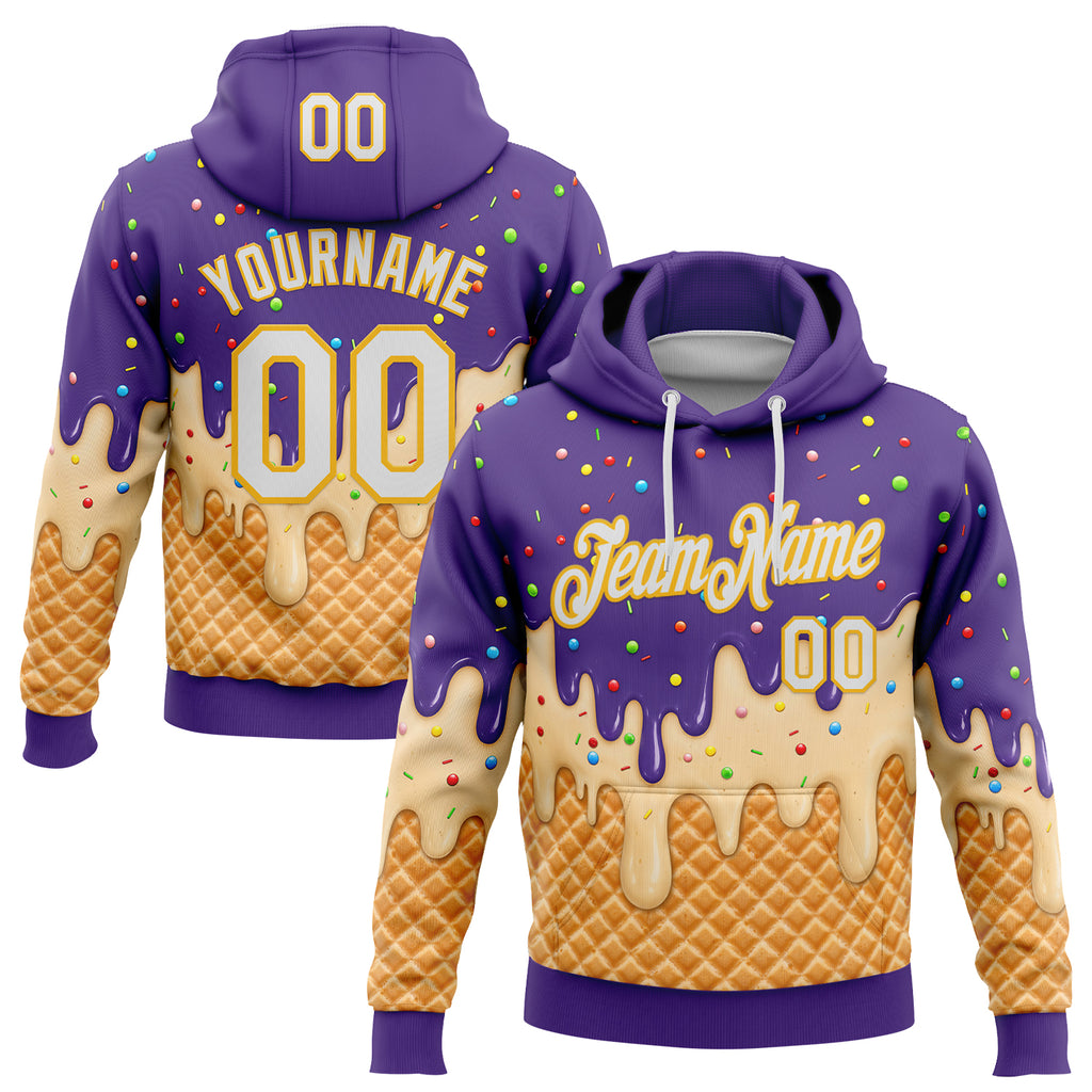Custom Stitched Purple White-Gold Ice Cream Waffle Foodie Dessert Pullover Sweatshirt Hoodie