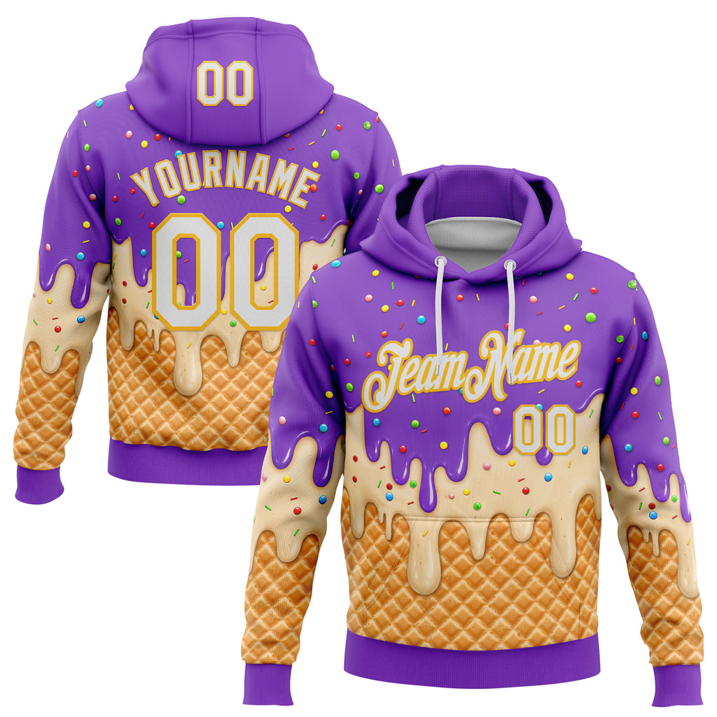 Custom Stitched Medium Purple White-Gold Ice Cream Waffle Foodie Dessert Pullover Sweatshirt Hoodie