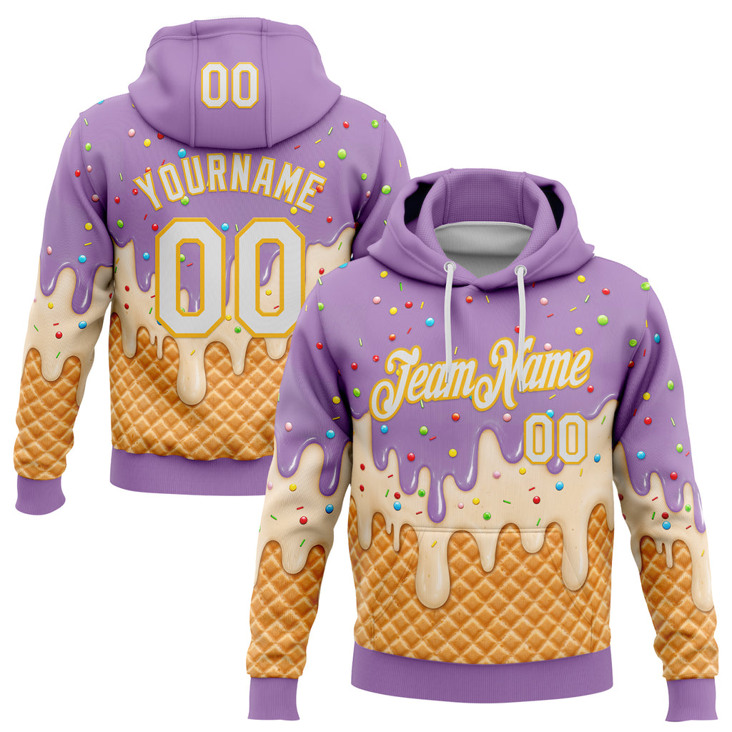 Custom Stitched Light Purple White-Gold Ice Cream Waffle Foodie Dessert Pullover Sweatshirt Hoodie