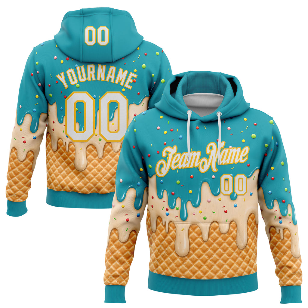 Custom Stitched Aqua White-Gold Ice Cream Waffle Foodie Dessert Pullover Sweatshirt Hoodie