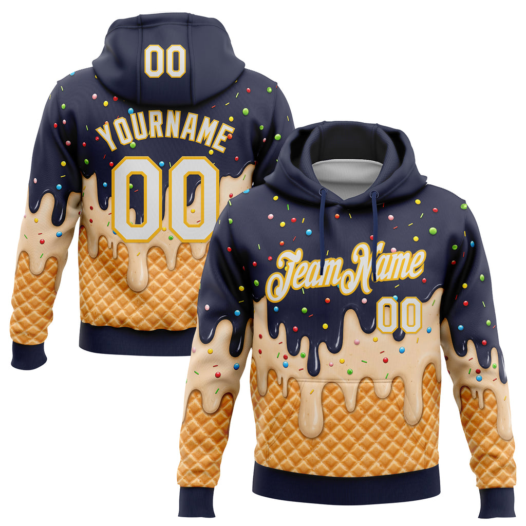 Custom Stitched Navy White-Gold Ice Cream Waffle Foodie Dessert Pullover Sweatshirt Hoodie