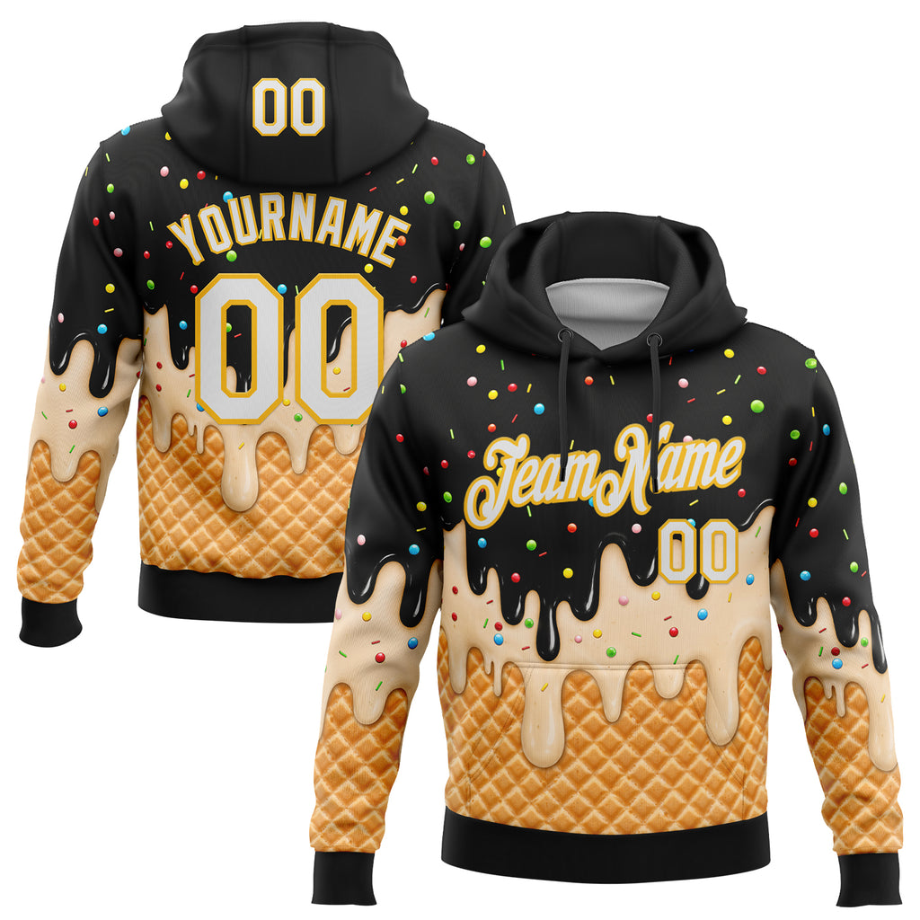 Custom Stitched Black White-Gold Ice Cream Waffle Foodie Dessert Pullover Sweatshirt Hoodie