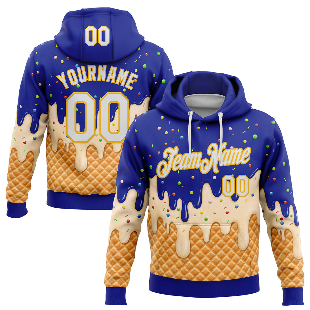 Custom Stitched Royal White-Gold Ice Cream Waffle Foodie Dessert Pullover Sweatshirt Hoodie