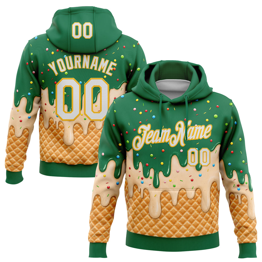 Custom Stitched Kelly Green White-Gold Ice Cream Waffle Foodie Dessert Pullover Sweatshirt Hoodie