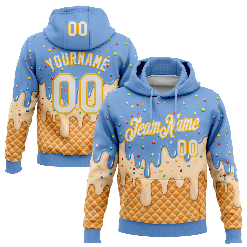 Custom Stitched Light Blue White-Gold Ice Cream Waffle Foodie Dessert Pullover Sweatshirt Hoodie