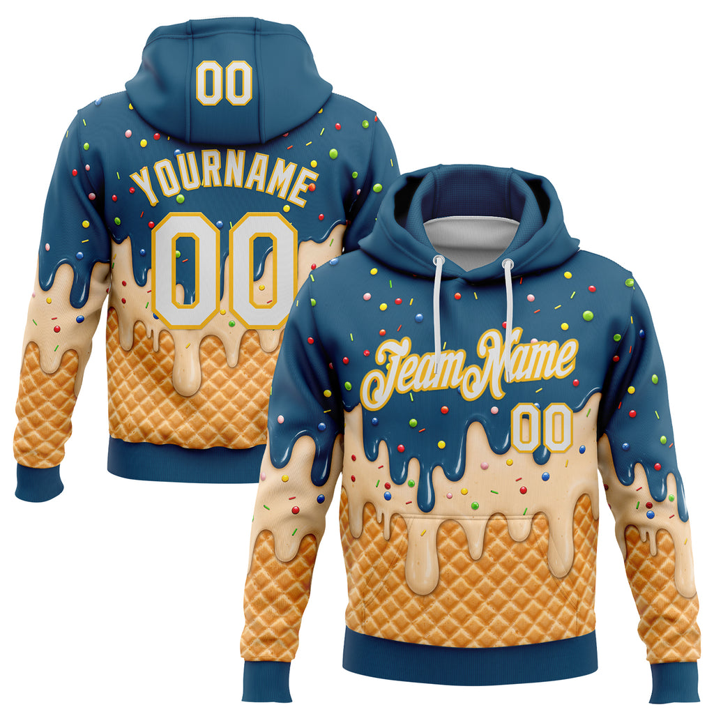Custom Stitched Teal White-Gold Ice Cream Waffle Foodie Dessert Pullover Sweatshirt Hoodie