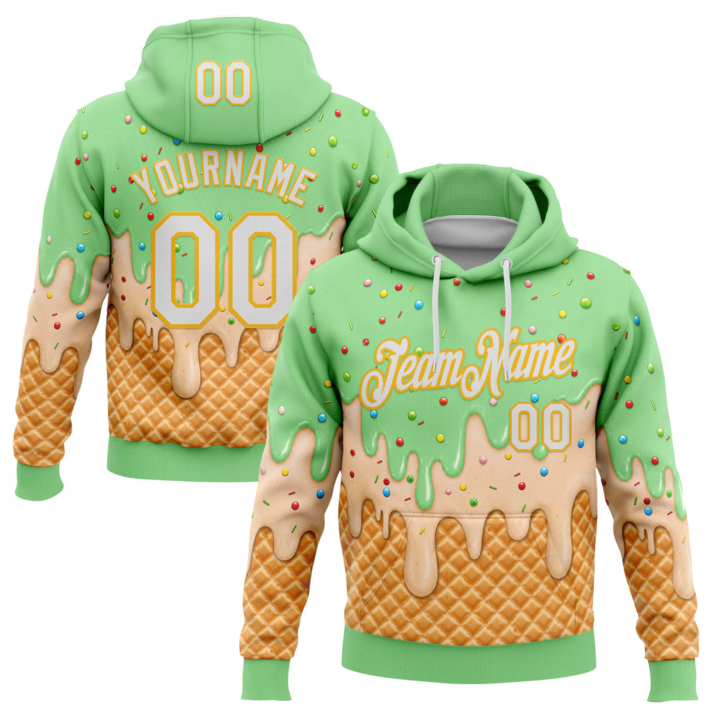 Custom Stitched Pea Green White-Gold Ice Cream Waffle Foodie Dessert Pullover Sweatshirt Hoodie