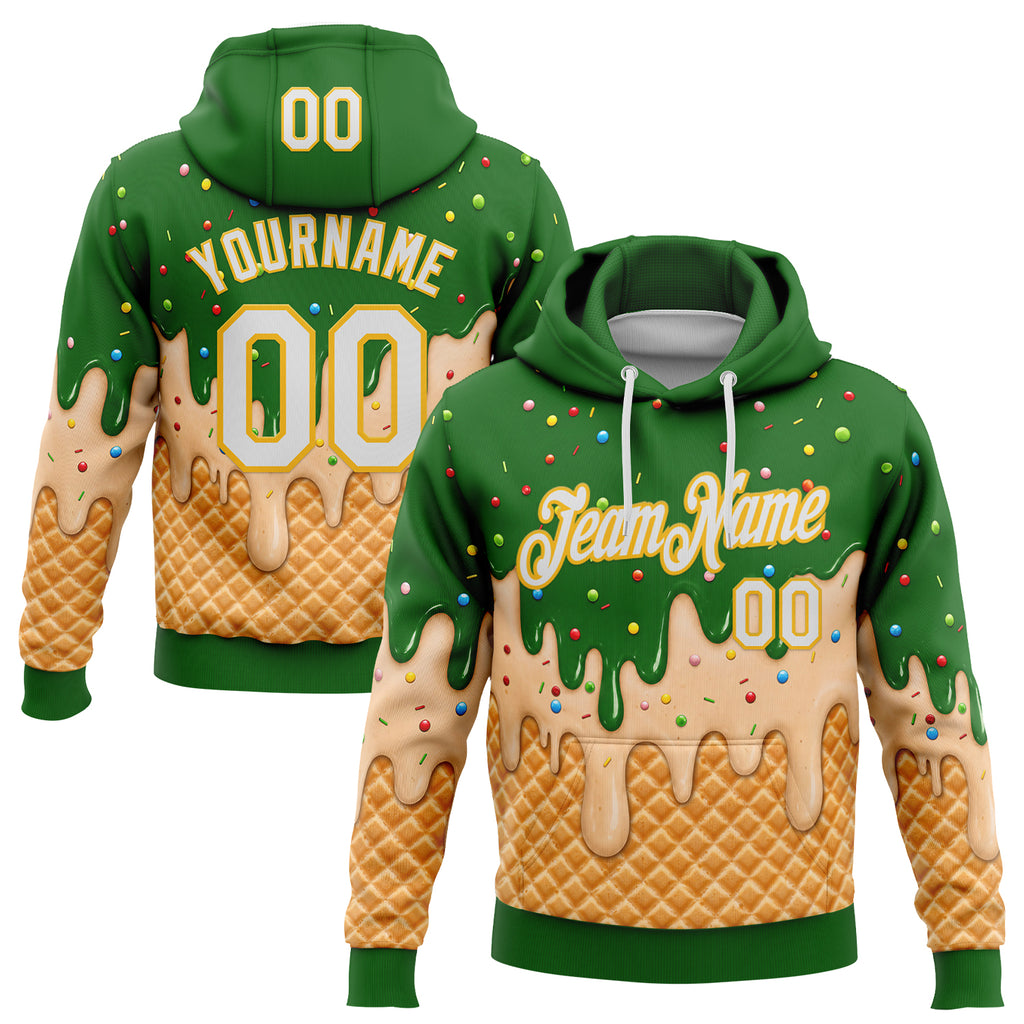 Custom Stitched Grass Green White-Gold Ice Cream Waffle Foodie Dessert Pullover Sweatshirt Hoodie