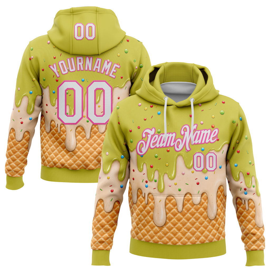 Custom Stitched Neon Yellow White-Pink Ice Cream Waffle Foodie Dessert Pullover Sweatshirt Hoodie