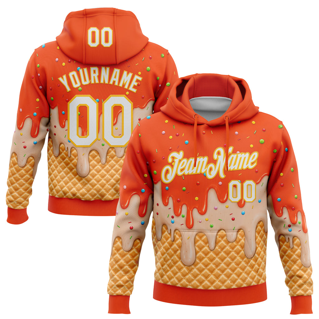 Custom Stitched Orange White-Gold Ice Cream Waffle Foodie Dessert Pullover Sweatshirt Hoodie