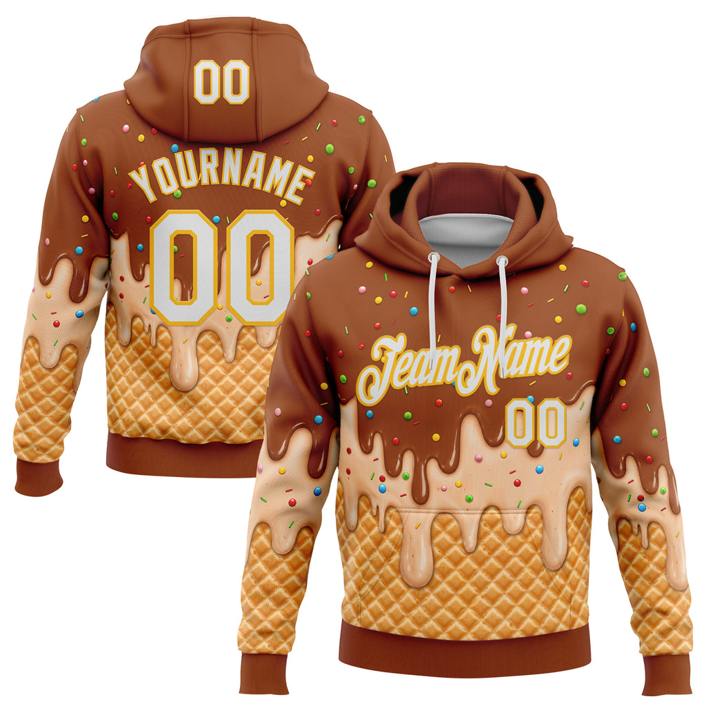 Custom Stitched Chocolate Brown White-Gold Ice Cream Waffle Foodie Dessert Pullover Sweatshirt Hoodie