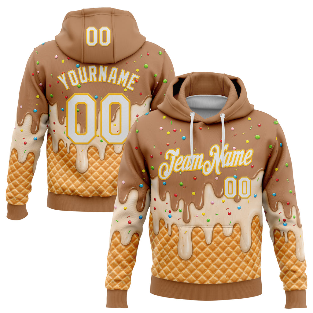 Custom Stitched Tan White-Gold Ice Cream Waffle Foodie Dessert Pullover Sweatshirt Hoodie